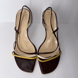 KATE SPADE CHOCOLATE YELLOW WHITE LEATHER CAGE SLINGBACK SANDALS ITALY Size 10